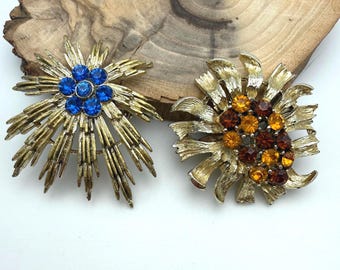 Vintage Rhinestone Brooch Lot, Midcentury blue Starburst Pin, topaz Floral pin