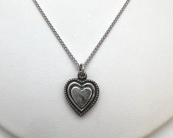 Vintage Tiny Sterling Heart Pendant Necklace, Beaded Detail, 18" Chain