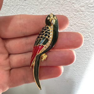 Vintage 1980s enamel rhinestone parrot brooch, colorful bird pin