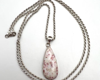 Vintage Cinnabar Quartz Pendant Necklace, Sterling Silver Cherry Blossom Stone, 30” Italy Rope Chain