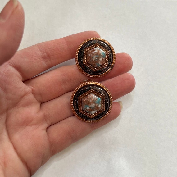 Vintage copper confetti lucite button earrings, c… - image 2