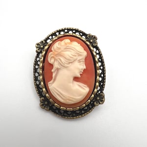 Vintage 1950s oval resin cameo brooch with floral frame