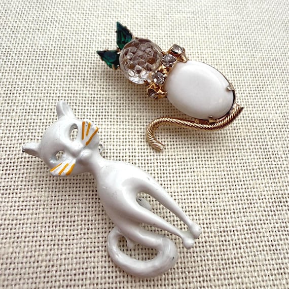 Vintage Cat Brooches, two Mid Century Cat Pins, White Enamel & Rhinestone