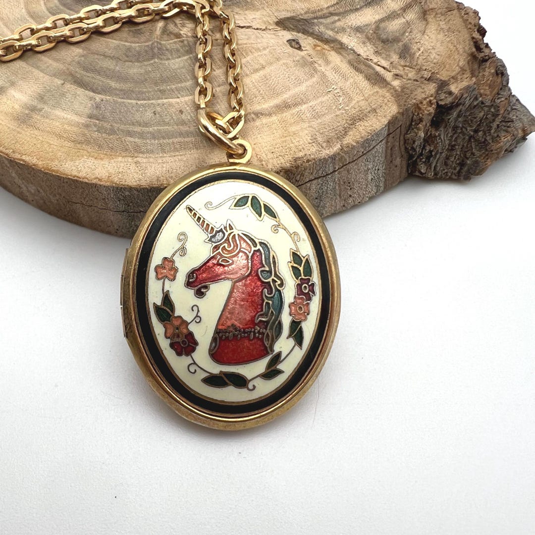 Vintage Cloisonne Unicorn Oval Locket on Long Chain, 28” - Etsy