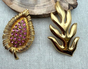 Vintage Gold Tone Leaf Brooch lot, Napier Fern Pin & Pink Rhinestone Leaf