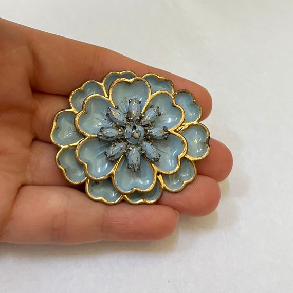 Antique blue enamel flower brooch, art deco flowe… - image 1