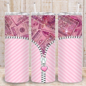 Digital Pink Glitter Dollar Bill Zipper 20 Unzen Tumbler Wrap - PNG Sublimation 300 dpi