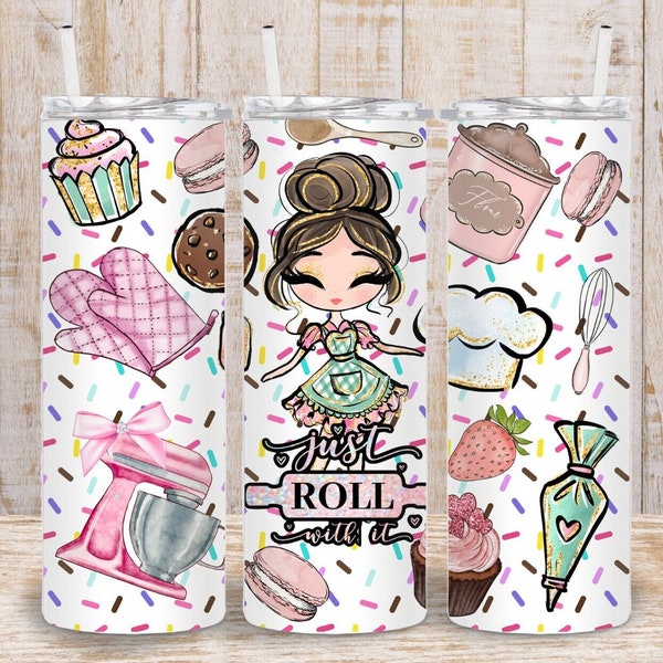Digital Bakery Fashion Doll 20oz Tumbler Wrap - PNG Sublimation 300 dpi - Cute Baking Supplies Design