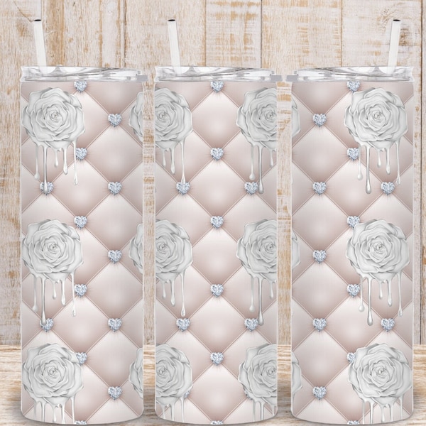 Digital White Roses 20oz Tumbler Wrap - PNG Sublimation Quilted Cushion 300 dpi