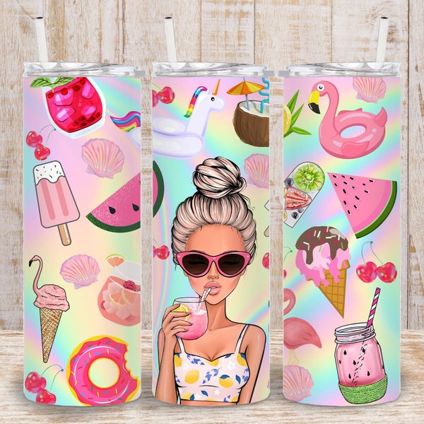 Digital Luxury Summer Fashion Girl 20oz Tumbler Wrap - PNG Sublimation Pool Party 300 dpi