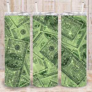 Involucro per bicchiere da 20 once di banconote da un dollaro verde lusso digitale - sublimazione PNG 300 dpi