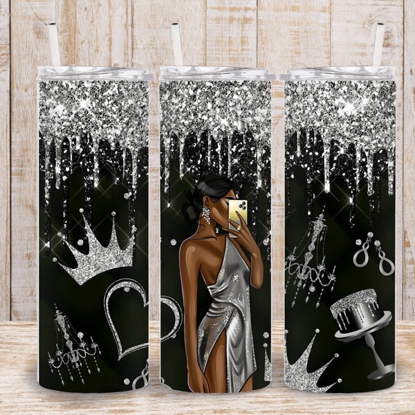 Digital Luxury  Silver Glitter Fashion  20oz Tumbler Wrap - PNG Sublimation Quilted Cushion 300 dpi - NYE Party