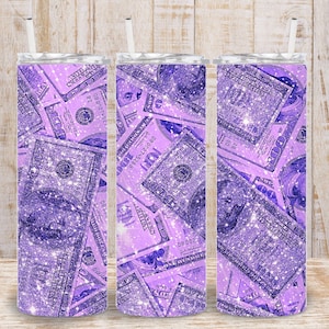 Digital Purple Bling Glitter Dollar Bill 20 Unzen Tumbler Wrap - PNG Sublimation 400 dpi