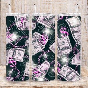 Digitaler Luxus Pink Sparkle Dollar Bill 20 Unzen Tumbler Wrap - PNG Sublimation 300 dpi