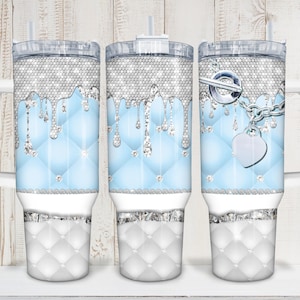 Digital Blau Silber Bling Glam 40 Unzen Becher Tasse Wrap - PNG Sublimation 300 dpi