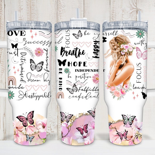 Afirmación positiva floral digital 40oz Tumbler Cup Wrap -Sublimación PNG 300 dpi