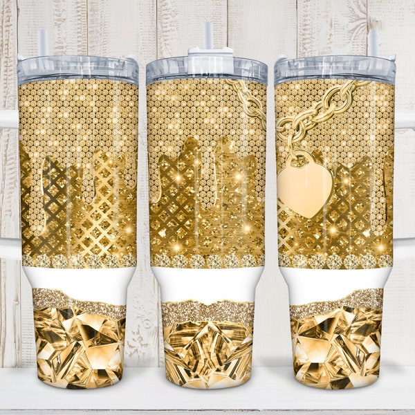 Digital Gold Glitter Bling Glam 40oz Tumbler Cup Wrap - PNG Sublimation 300 dpi