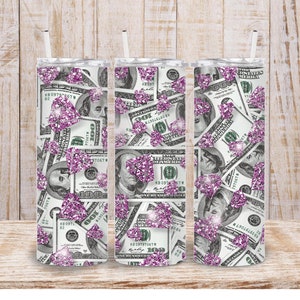 Digital Pink Glitter Dollar Bill 20 Unzen Tumbler Wrap - PNG Sublimation 300 dpi