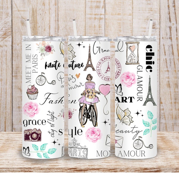 Digital Paris Romance French Style 20oz Tumbler Wrap - PNG Sublimation 300 dpi