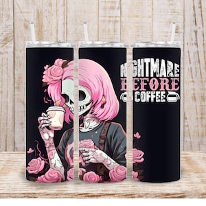 Digital Pink Floral Skull Girl with Coffee 20oz Tumbler Wrap  20oz - PNG Sublimation 300 dpi