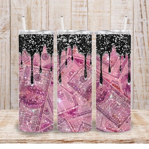 Digital Pink Glitter Dollar Bill 20 Unzen Tumbler Wrap - PNG Sublimation 300 dpi
