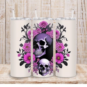 Digital Pink Floral Skull 20oz Tumbler Wrap  20oz - PNG Sublimation 300 dpi Purple Roses