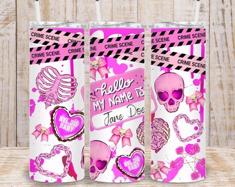 Envoltorio rosa para vaso de Halloween con temática de crímenes reales – Pastel Goth, 593 ml (descarga digital PNG)