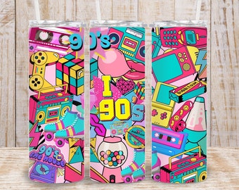 Envoltorio para vaso con dibujos de los 90: diseño nostálgico (descarga digital PNG)