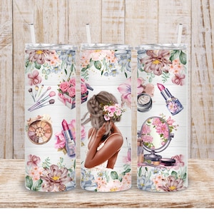 Digital Makeup Girl 20oz Tumbler Wrap - PNG Sublimation Floral Watercolor 300 dpi