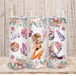 Digital Makeup Girl 20 Unzen Tumbler Wrap - PNG Sublimation Blumen Aquarell 300 dpi