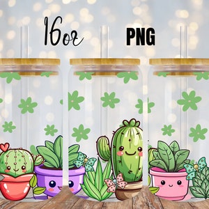 Digital Cute Kawaii Cactus Plants Jar Glass Can 16oz Envoltura de café