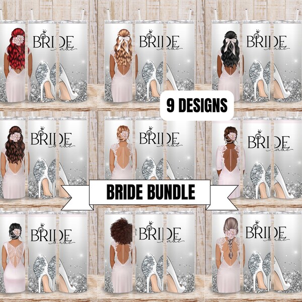 Könnte beinhalten: Neun Designs von Sublimationsbechern mit einer Braut in einem weißen Kleid mit verschiedenen Frisuren und Accessoires. Die Becher haben einen silbernen Glitzerhintergrund und der Text "Bride to be" ist auf jedem Becher geschrieben.