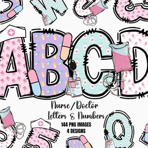 Digitaler Krankenschwester Doktor Alpha Doodle Alphabet - Gesundheitshelfer PNG Bundle - Buchstaben und Zahlen