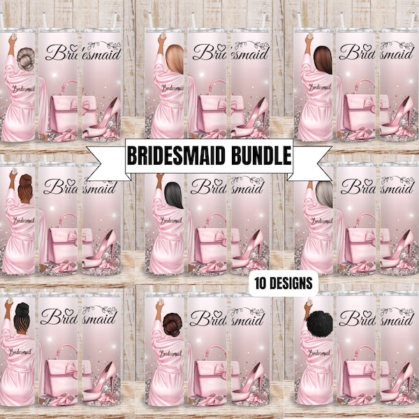 Könnte beinhalten: Ein Set mit 10 Brautjungfern-Tumbler-Designs in einem rosa und weißen Farbschema. Jedes Design enthält eine Frau in einem rosa Morgenmantel, eine Handtasche und einen High-Heel-Schuh. Der Text "Brautjungfer" ist auf jedem Design enthalten.