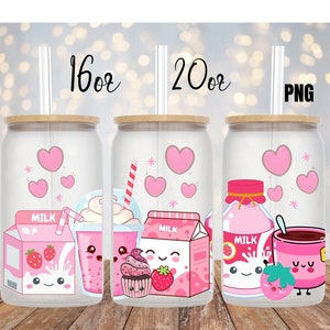 Digital Niedlich Kawaii Rosa Erdbeermilch Getränkeglas Glasdose 16 Unze 20 Unze Kaffee Wrap