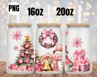Digital Jar Glass Can 16oz 20oz Pink Christmas Coffee Wrap - PNG Glass Sublimation