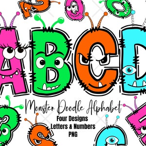 Monstres mignons numériques Alpha Doodle Alphabet - Monster Clipart PNG Bundle - lettres et chiffres