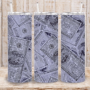 Digitaler Silber Bling Glitter Dollar Bill 20 Unzen Tumbler Wrap - PNG Sublimation 300 dpi
