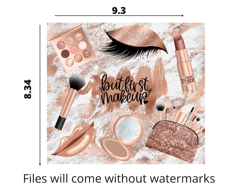 May include: A digital illustration of makeup products on a marble background. The illustration features a makeup palette, lipstick, brushes, and a makeup bag. The text "but first, makeup" is written in black with a pink heart.