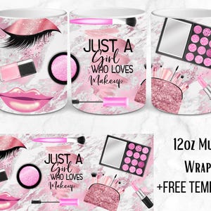 Digitale roze girly make-up 12oz koffiemok wrap - png-sublimatie - gratis SVG/PNG-sjabloon inbegrepen