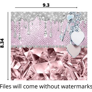 May include: Pink and silver glitter background with dripping silver glitter. Three silver heart charms with a silver key charm hanging from a silver chain.  The background is a pink and silver glitter pattern with a pink and silver diamond pattern.