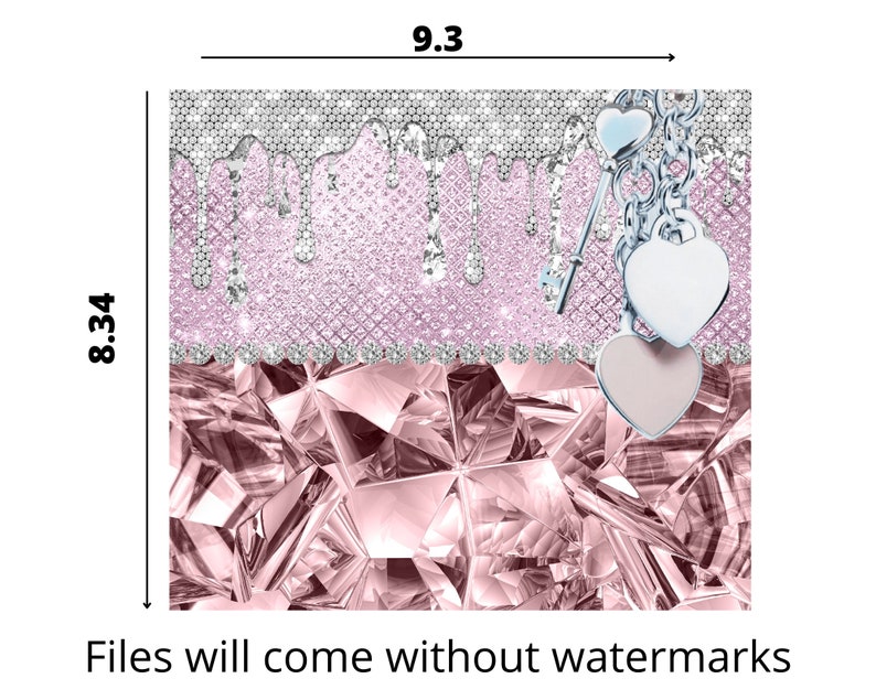 May include: Pink and silver glitter background with dripping silver glitter. Three silver heart charms with a silver key charm hanging from a silver chain.  The background is a pink and silver glitter pattern with a pink and silver diamond pattern.