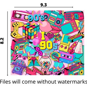 May include: A colorful digital illustration of 90s pop culture icons, including a boombox, cassette tapes, roller skates, a game console, a gumball machine, and a television. The background is pink with a variety of colors and patterns.