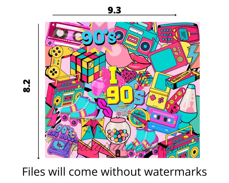 May include: A colorful digital illustration of 90s pop culture icons, including a boombox, cassette tapes, roller skates, a game console, a gumball machine, and a television. The background is pink with a variety of colors and patterns.