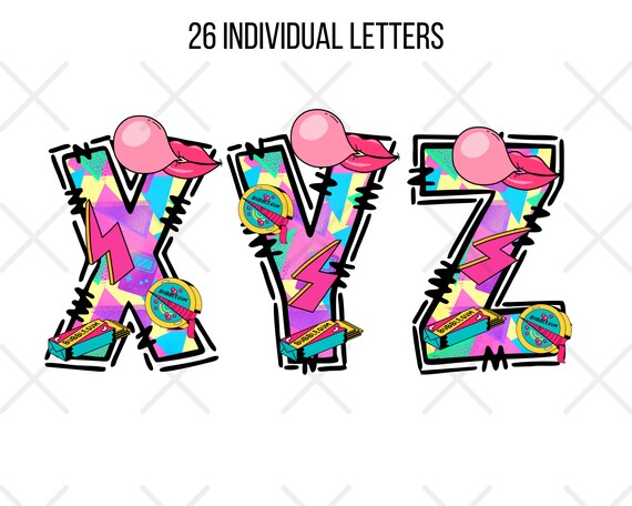 Digital 90s Retro Bubble Gum Alpha Doodle Letters and Numbers
