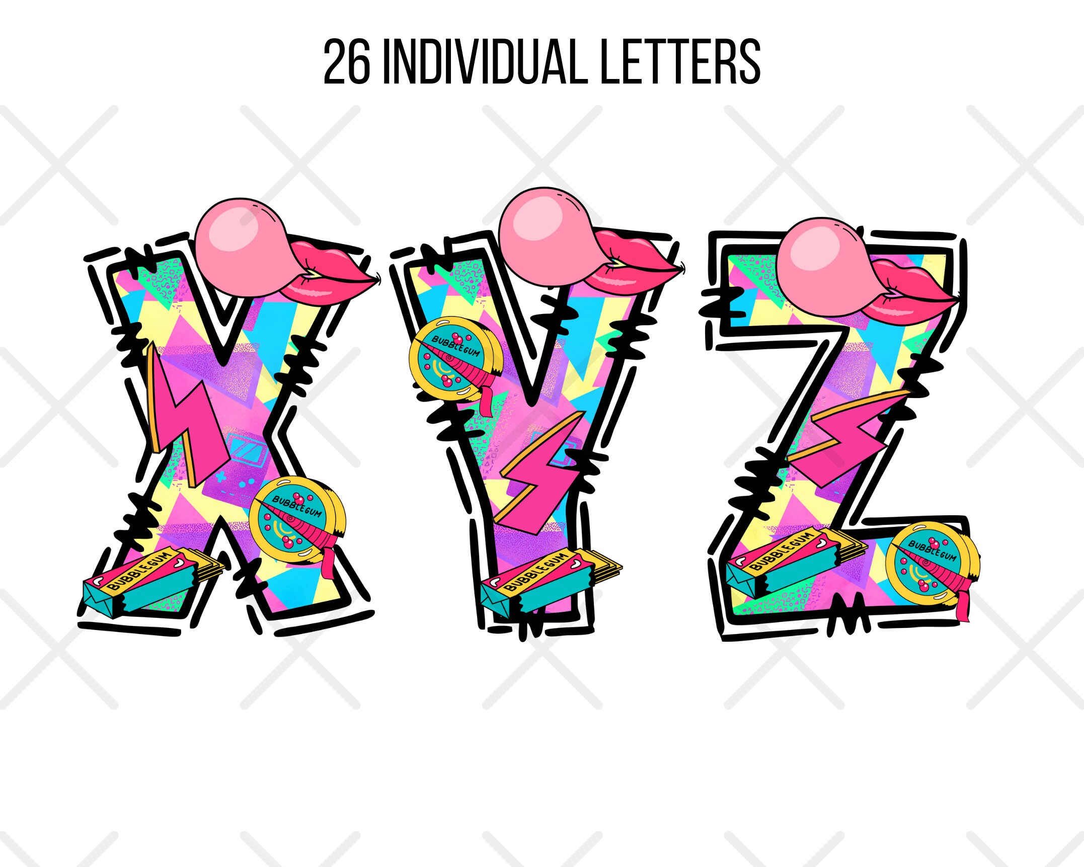 Digital 90s Retro Bubble Gum Alpha Doodle Letters and Numbers