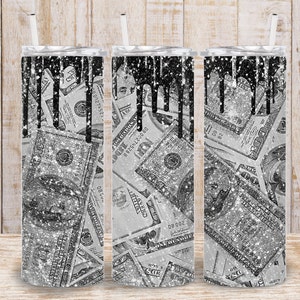 Digitaler Silber Glitter Drip Dollar Bill 20 Unzen Tumbler Wrap - PNG Sublimation 300 dpi