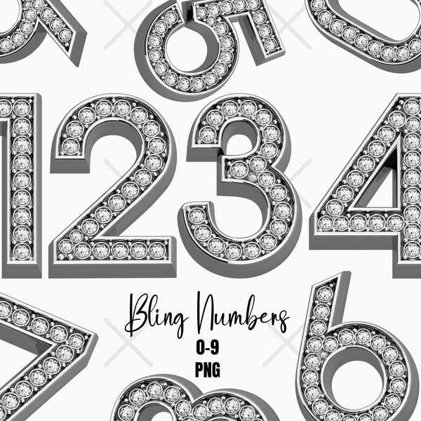 Instant Download Font Clip Art PNG Bundle, Bling Diamante Collection Numbers - Sublimation PNG Transfers - Silver Glitter Font