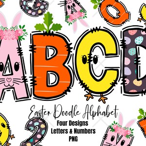 Digital Easter Alpha Doodle Alphabet - Easter Clipart PNG Bundle - Letters and Numbers