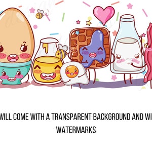 May include: Cartoon illustration of breakfast foods with faces. A fried egg, a bowl of eggs, a waffle, a pitcher of honey, and a carton of milk are all smiling.